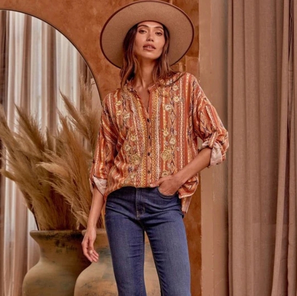 Savanna Jane NWT Boho The Wren Kat Split Neck Rust Stripe Embroidered SMALL - Picture 1 of 8